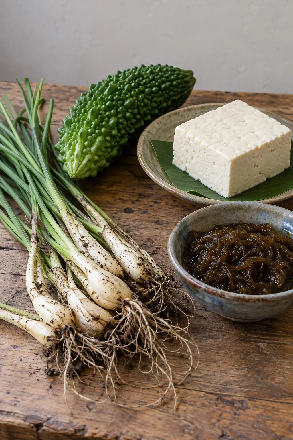 Island shallots, bitter melon, island tofu and mozuku seaweed