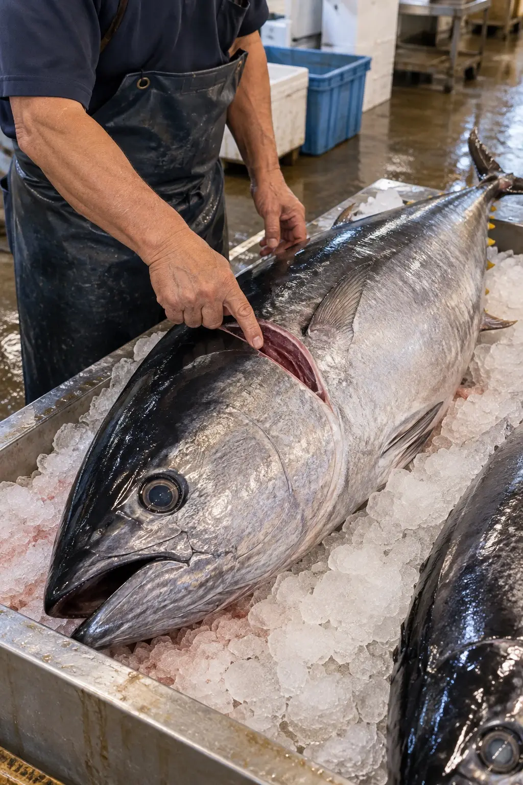 Choosing tuna on ice at the morning fish market