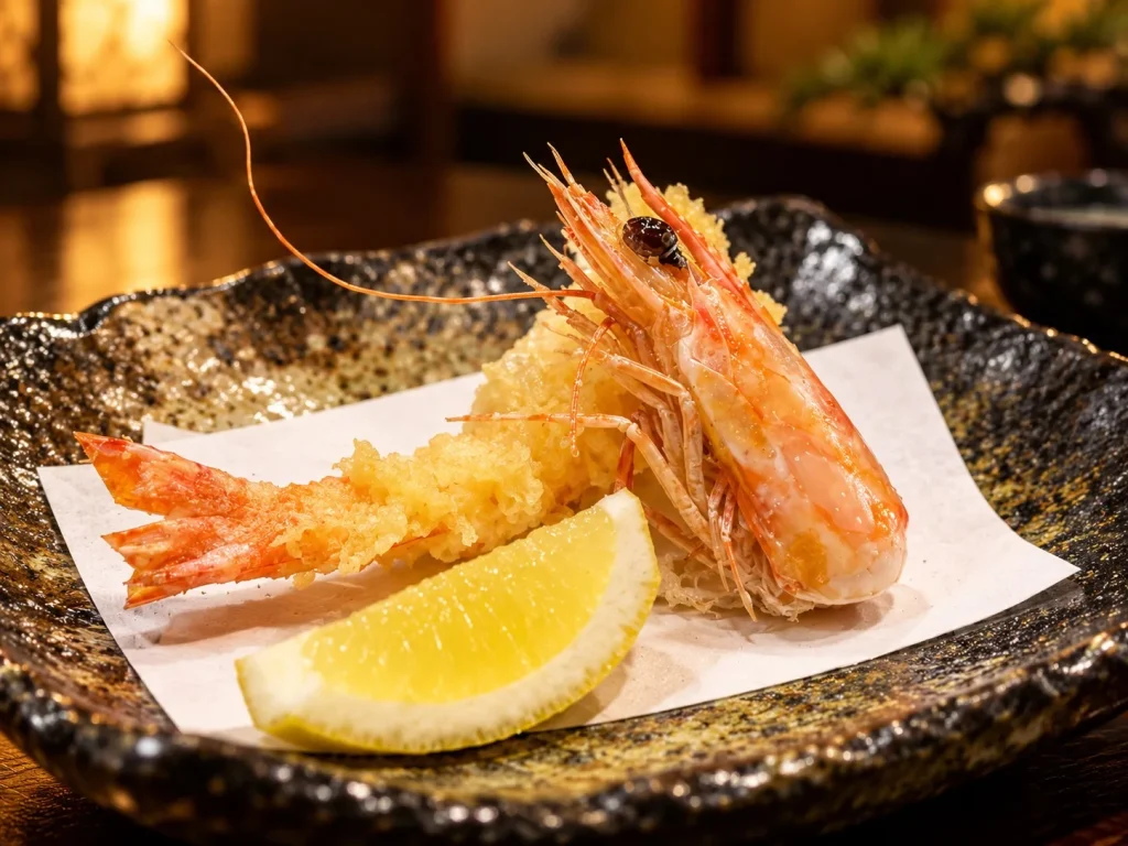 Kumejima kuruma prawn tempura with a lemon wedge
